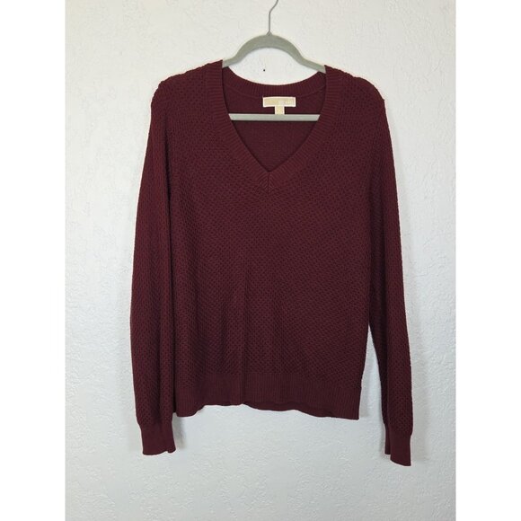 Michael Kors Crochet V Neck Sweater Long Sleeve Maroon Size XL - Picture 1 of 5